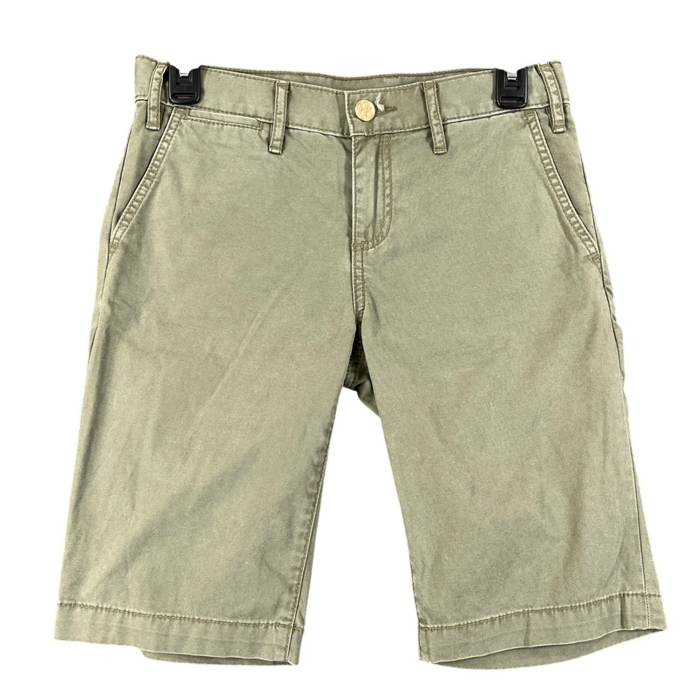 Tory Burch Bermuda Chino Shorts Womens 24 Olive Cotton Gold Logo Button Casual